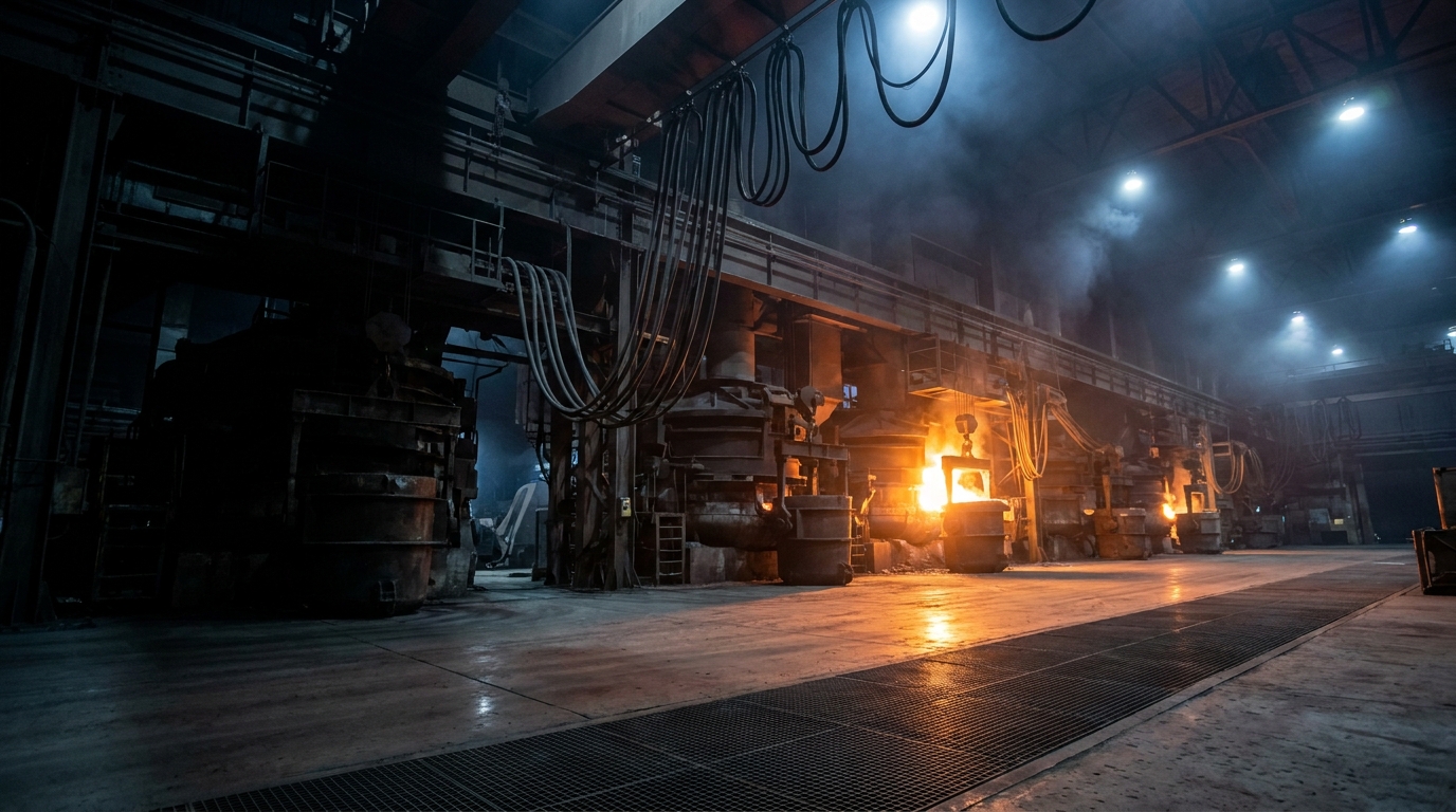 Interior of a ferroalloy smelting shop at night, electric arc furnaces glowing with molten metal